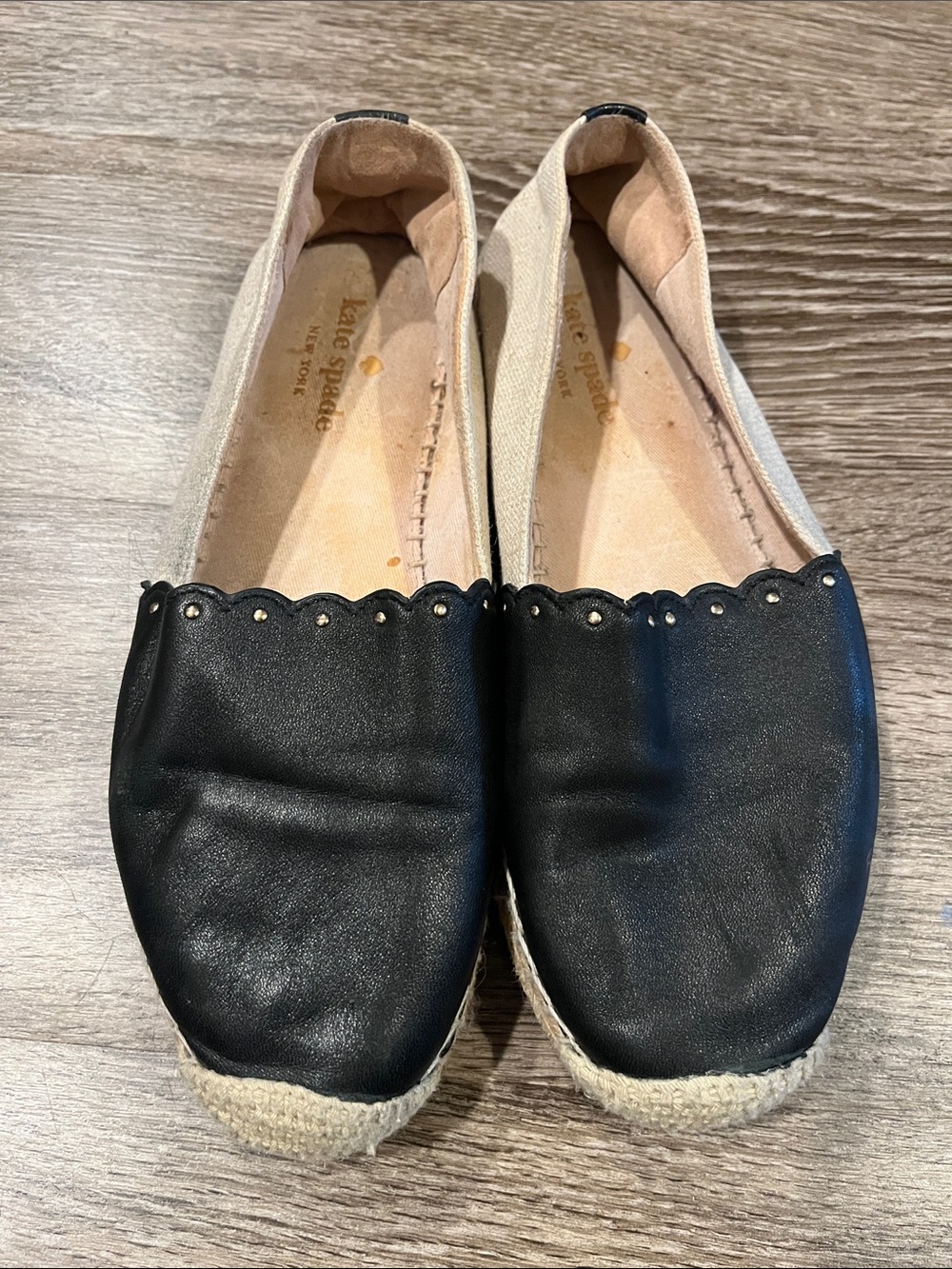 kate spade Two-Tone Black Leather and Cream Canvas Espadrille Flats